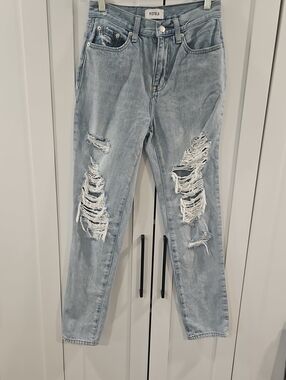 Pistola Presley High Rise Relaxed Roller Jeans.  Light Wash.  Very Distressed.